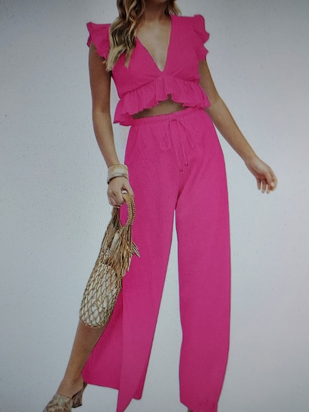 Fancyinn Hot Pink Ruffle Crop Top W Matching Wide-Leg Split Pants Set. Sz. XS